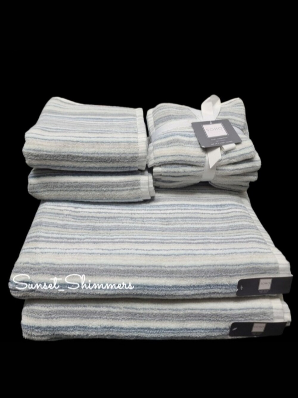 9pc Soho Living Blue & Grays Striped Bath Hand Washcloth Towel Set 100% Cottonlu